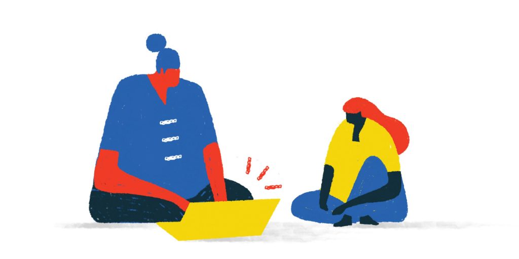 Illustration of two people working on a laptop